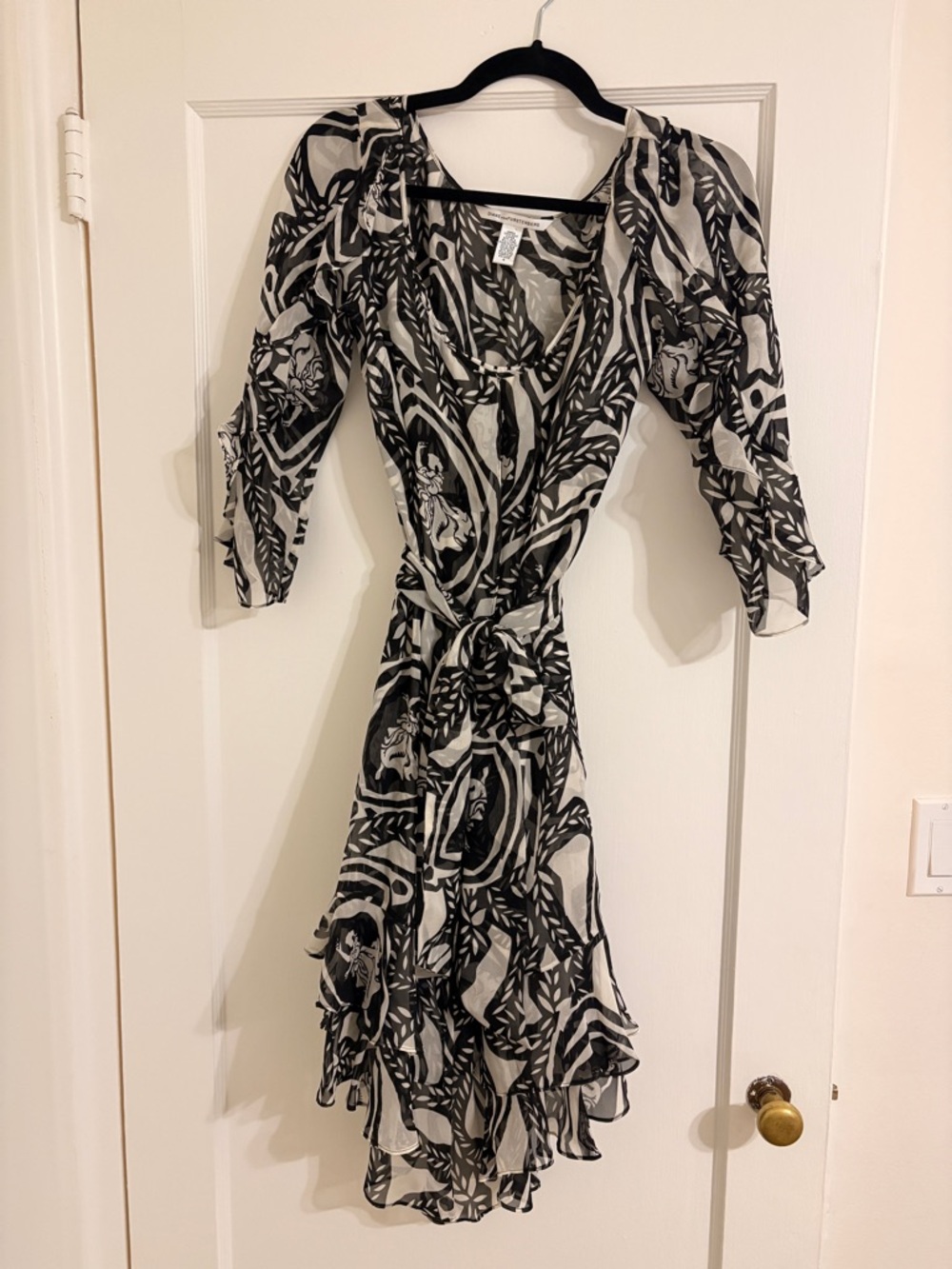 DVF Black & White Printed Wrap Ruffle Dress